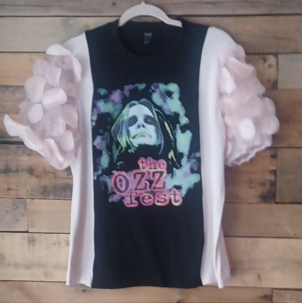 Uocycled Pink and Black Graphic Women's Top - Picture 3 of 8